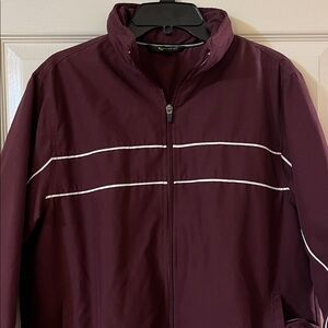 Tek Gear Men's Maroon Windbreaker with White Stripes and hidden hood